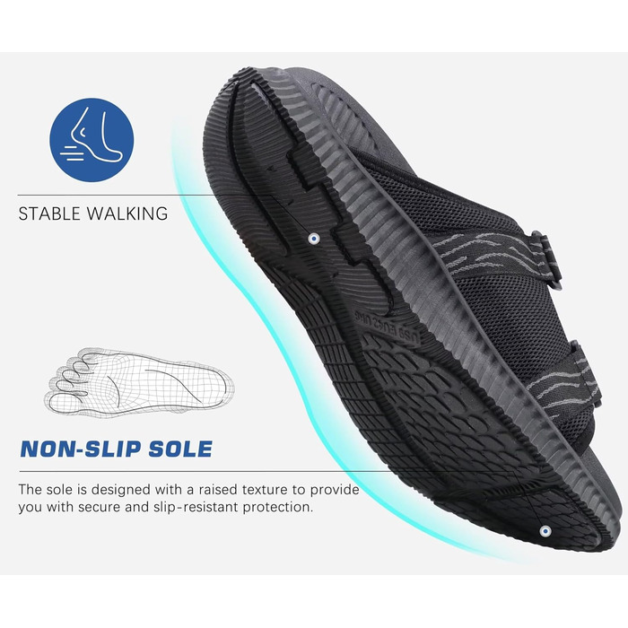 Чоловічі спортивні сандалі KuaiLu з м'якою устілкою, ортопедичні для фасціїту, для активного відпочинку та походів, легкі, відкриті, з регульованою застібкою-липучкою, чорні, 45 EU