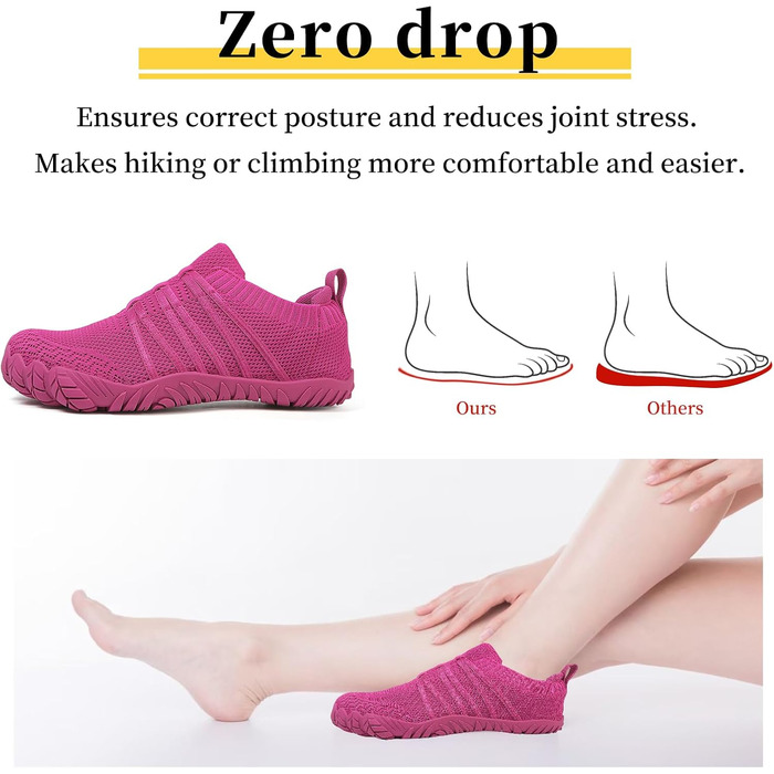 Босижні кросівки для жінок та чоловіків. Широкі босижні кросівки для бігу, трейлраннінгу, фітнесу. Zero-Drop підошва, кросівки з широкою передньою частиною. Легкі, дихаючі, комфортні, антиковзкі. Розміри 36-46 EU (36 EU, Рожево-червоний)