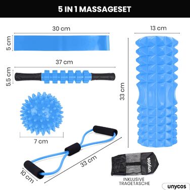 Набір для масажу фасцій Unycos: ролер, стрічка, м'яч, стік та фітнес-стрічки (120 кг)