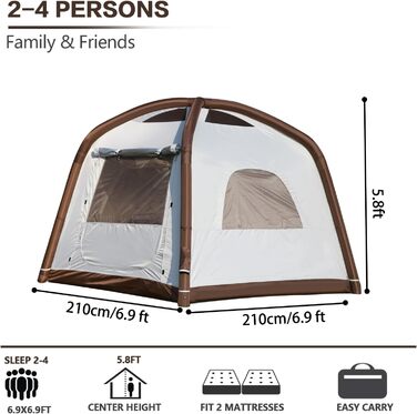 Надувний кемпінговий намет Glamping для 2/4/6/8 осіб 2025: швидкий монтаж, захист від дощу та москітної сітки, коричневий/бежевий
