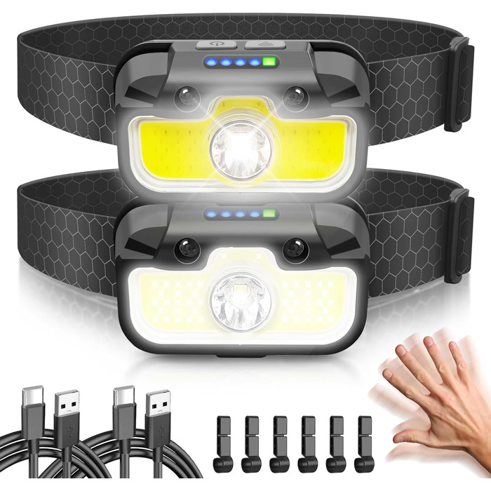 Налобний ліхтар Hyted LED перезарядна, USB-C, з функцією пам'яті, датчик, 2 шт., 2000 люменів, 14 режимів, IPX5, водонепроникний, для бігу, риболовлі