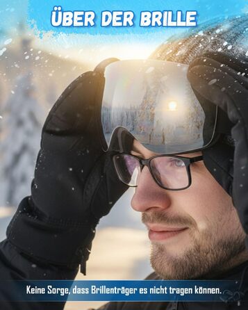 Гірськолижні окуляри Trongle OTG для жінок та чоловіків, снігові окуляри для сноуборду з 2 магнітними змінними лінзами (сонце/хмарність), захист UV400, антифог, сферичні, чорні/сірі дзеркальні