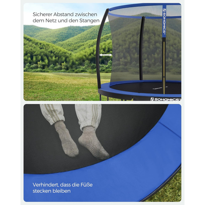 Батут SONGMICS Outdoor Ø 244/305/366/427 см, круглий, для саду, з сіткою безпеки, захисним бордюром, сходами та м'якими стійками, чорно-синій