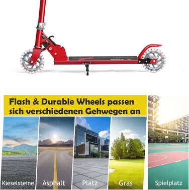 Дитячий ролер GOPLUS Roller Kinder 4 роки з LED-колесами, гальмом та підніжкою, регульований, 2 кг, до 70 кг (Червоний)