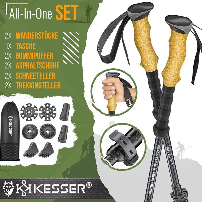 Трекінгові палиці KESSER® алюмінієві з корковим грифом | Складні/телескопічні палиці для скандинавської ходьби, туризму, гірського спорту та лижний туризм + ліхтарик для кемпінгу