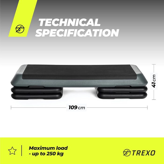 Аеробний степпер TREXO для кардіо та фітнесу, регульована висота 10/15/20 см, домашній тренажерний зал, до 250 кг, чорний/рожевий, 109x41 см, модель TRX-AS01, сірий
