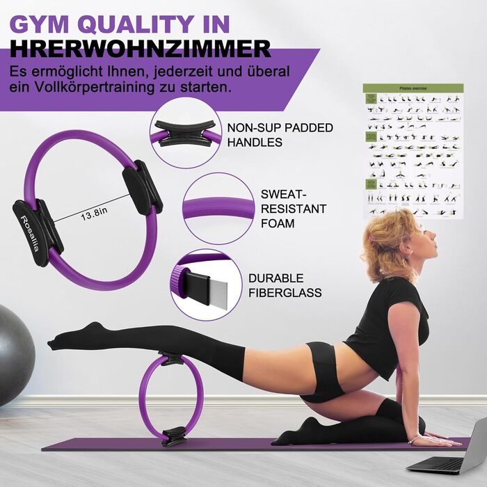 Набір для пілатесу: кільце, фітнес-м'яч, турнік для стегон, еспандер у формі 8, ремінь для йоги та стрейчингу. Фітнес-обладнання для дому. Колір: фіолетовий