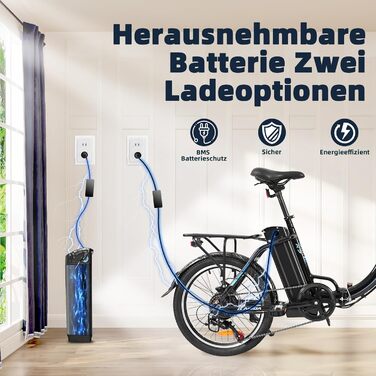 Електровелосипед KAISDA складаний 20 дюймів, 250W, 36V 13Ah знімна Li-ion батарея, до 100 км, 7-ступеневий, міський електробайк для дорослих