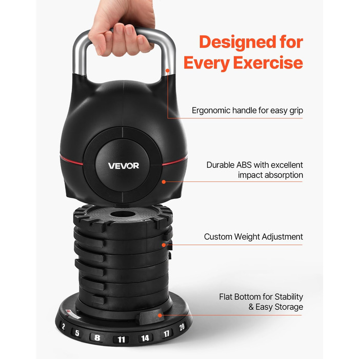 Куркова гантель VEVOR, регульована, 7 рівнів ваги, алюмінієвий корпус, ABS, для силових вправ, тренування всього тіла та кросфіт, 20 кг