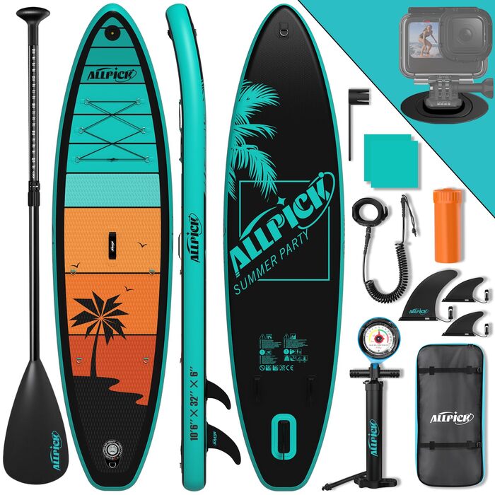 Надувний SUP-борд ALLPICK Premium Set: Комплектація для початківців та досвідчених, з кріпленням для камери, регульовим веслом, 200 кг, для відпочинку на пляжі (зелений)