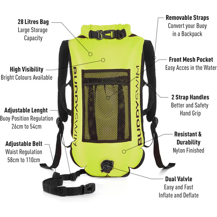 Плавальна буй Open Water Backpack 28 л з водонепроникним мішком та знімним підкладкою. Плавальний буй для дорослих, легкий, міцний та легко складається. Жовтий.