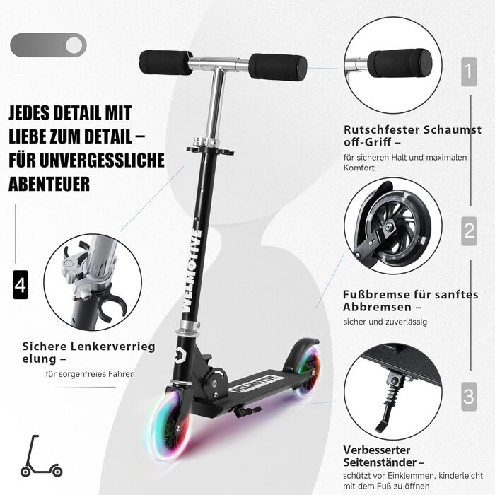 Самокат дитячий Roller 2-колісний, складаний, з LED підсвіткою коліс, регульована висота, чорний, для хлопчиків та дівчаток 3-12 років