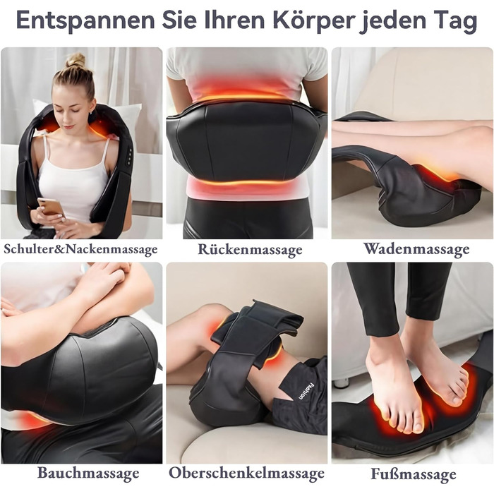 Масажер для шиї та плечей Shiatsu з підігрівом, 3D масажні головки, 3 режими - PU шкіра. Для дому, офісу, авто. Подарунок для чоловіків та жінок