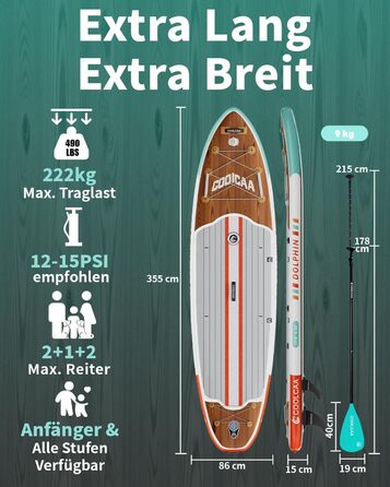 SUP дошка COOLCAA 355 см Timber Skiff надувна з аксесуарами та сумкою для дорослих, вантажопідйомність 222 кг, ширина 86 см
