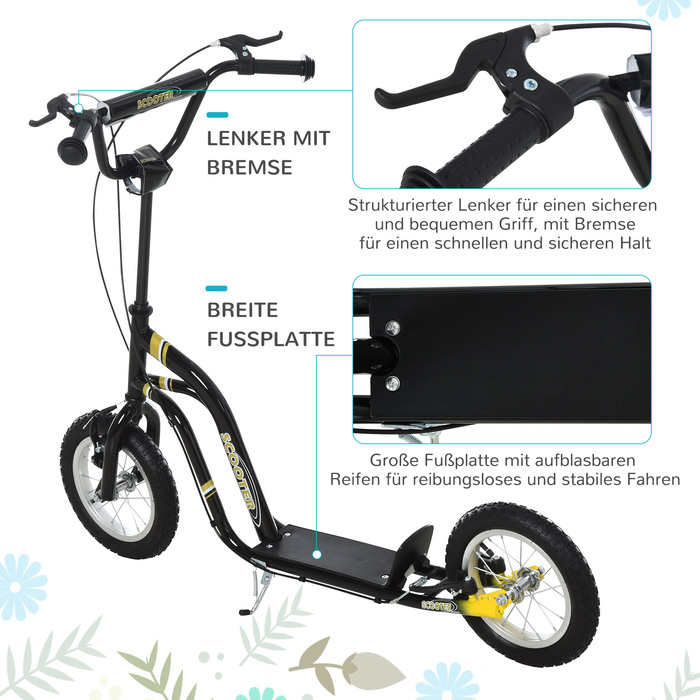Дитячий самокат HOMCOM від 5 років Scooter Kick Scooter 12 дюймів пневматична шина гума алюміній чорний, регульована висота 120x58x85-95см