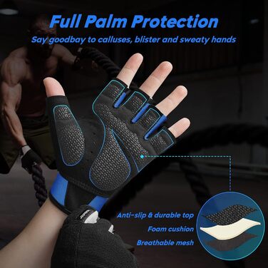 Рукавички для фітнесу ATERCE, тренувальні рукавички для кросфіту, бодібілдингу, велоспорту, залу, силових тренувань, спортивні рукавички для жінок та чоловіків (Синій, M)