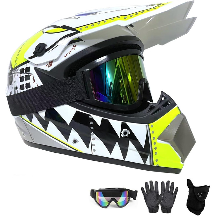 Шолом мотокрос MTB повний, для дітей та дорослих, з окулярами та рукавичками, білий (M 54~55см)