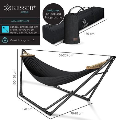Гамак KESSER® з металевим каркасом, складний, регульований, стабільний. Для дому та саду, кемпінгу, відпочинку на балконі, терасі, біля басейну. У комплекті сумка. Колір: антрацит.