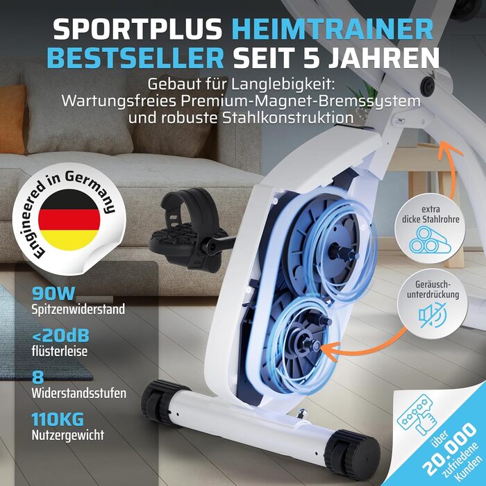 Складний велотренажер SportPlus для дому - тихий Hometrainer для занять спортом вдома, компактний велобік з підтримкою додатків