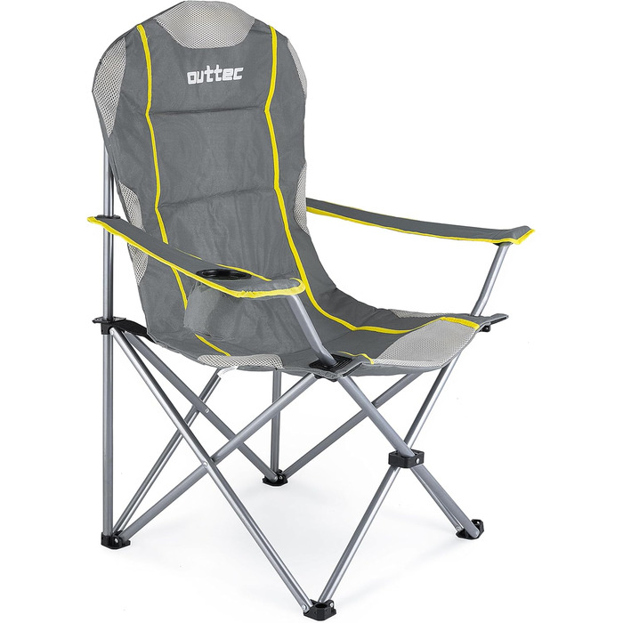 Зручний складаний стул для кемпінгу Outtec: 130 кг, висока спинка, підсклянник, сумка, зелений (сірий)