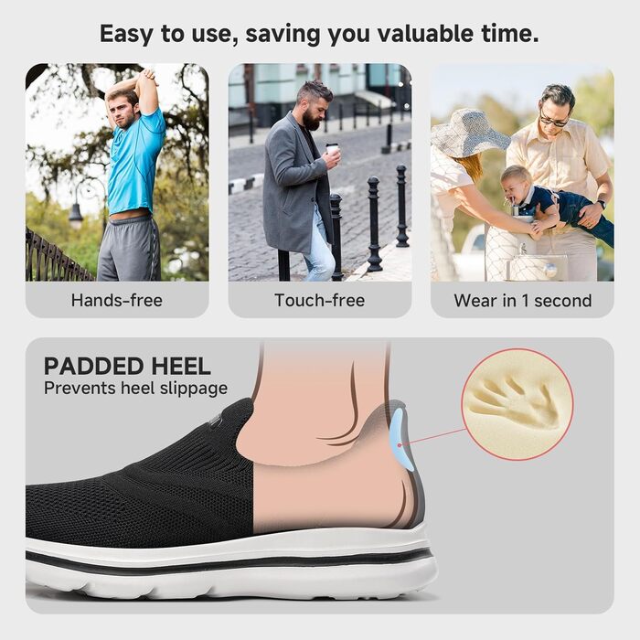 Чоловічі кросівки Slip-On без шнурівків: Outdoor, спортивні, для бігу, легкі, дихаючі, чорні, 43 EU