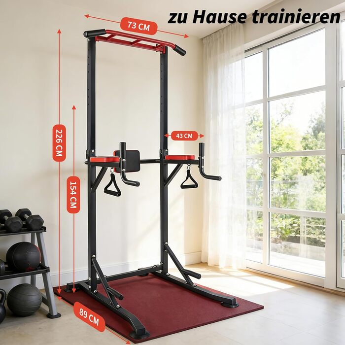 Багатофункціональний турнік Power Tower: станція для підтягувань та віджимань (Dip Station) з регульованою висотою для силових тренувань вдома, червоний