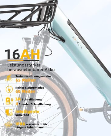 KAISDA електровелосипед для жінок 26 дюймів, 7-швидкісна трансмісія, 36V 16AH знімний акумулятор, до 65 км, мотор 50NM, електробайк для міста, роботи й відпочинку, легкий дизайн, білий і синій