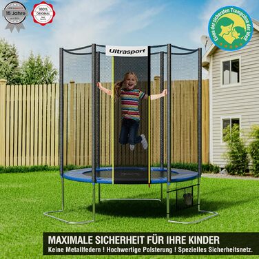 Трамплін Ultrasport SICHERSTE для дітей на відкритому повітрі Ø180/244/305/366/430 см, до 150 кг, з тихою гумовою пружиною, повний комплект з сіткою безпеки, аксесуари, садовий, безпечний (блакитний, Safe 244 см)