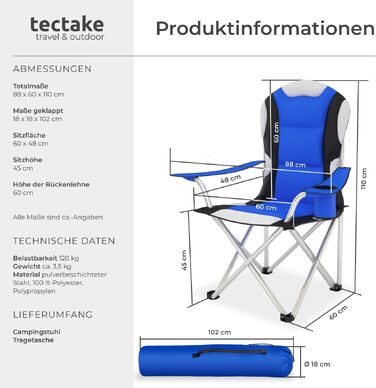 Складаний кемпінговий стілець Tectake з підстаканником та підлокітниками, м'який стілець для рибалки, саду та пляжу з сумкою для транспортування, синій