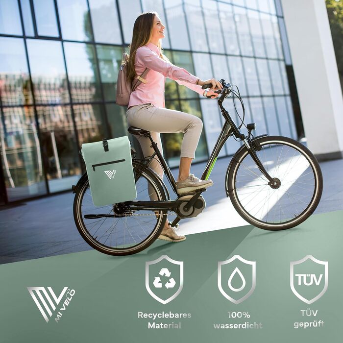 Велосумка на багажник MIVELO 3-в-1: рюкзак, сумка через плече, водонепроникна, без ПВХ, з відділенням для ноутбука, м'ятна