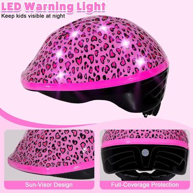 Дитячий шолом та набір захисту: шолом з LED, наколінники та налокітники для велосипеда та скейтборда (рожевий, 3-8 років)