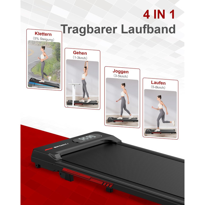 Laufpad Dskeuzeew 4-в-1 з нахилом: біговий килимок з регулюванням кута нахилу до 5% для дому. Максимальне навантаження 130 кг, швидкість 1-8 км/год, безщітковий двигун. Підходить для використання під столом. Чорний колір.