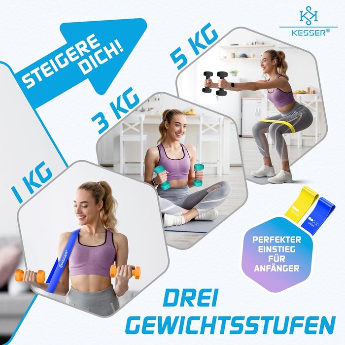 Набір гантелей KESSER® 18 кг з підставкою, 3 пари (1-5 кг), неслизьке неопренове покриття, з інструкцією та фітнес-гумками