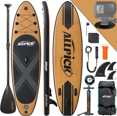 Надувна SUP-дошка ALLPICK Premium 320 см з аксесуарами, універсальним кріпленням для камери, деревне декор, для дітей і дорослих, для початківців і досвідчених, вантажопідйомність 150/180 кг