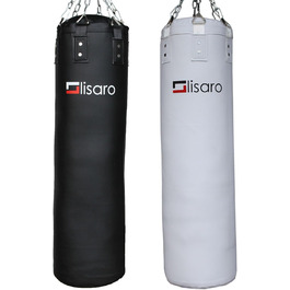 Боксерський мішок Lisaro Premium 120x35 см, 30 кг, наповнений/порожній, для боксу, MMA та єдиноборств, з 6-точковим сталевим ланцюгом, чорний/білий