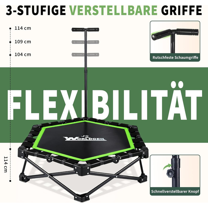 Складаний фітнес-батут для дому з регульованою ручкою, навантаження до 150 кг, Ø 86.5 см, для дорослих та дітей (Зелений)