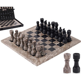 Шаховий набір з мармуру для дорослих, ручної роботи, 32 фігури, 2 додаткові королеви, коробка для зберігання, розкішна подорожна гра, елегантний подарунок для дому (чорний & кораловий) (Океанічний & Чорний)