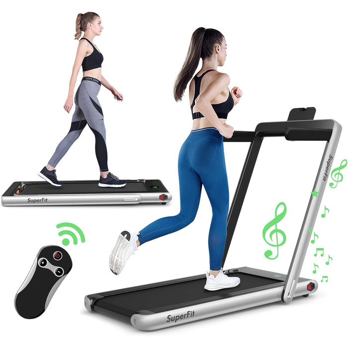 Бігова доріжка COSTWAY 2 в 1, складана, 2,25 к.с., під стіл, з APP, Bluetooth, пультом, 1-12 км/год, для дому, срібляста