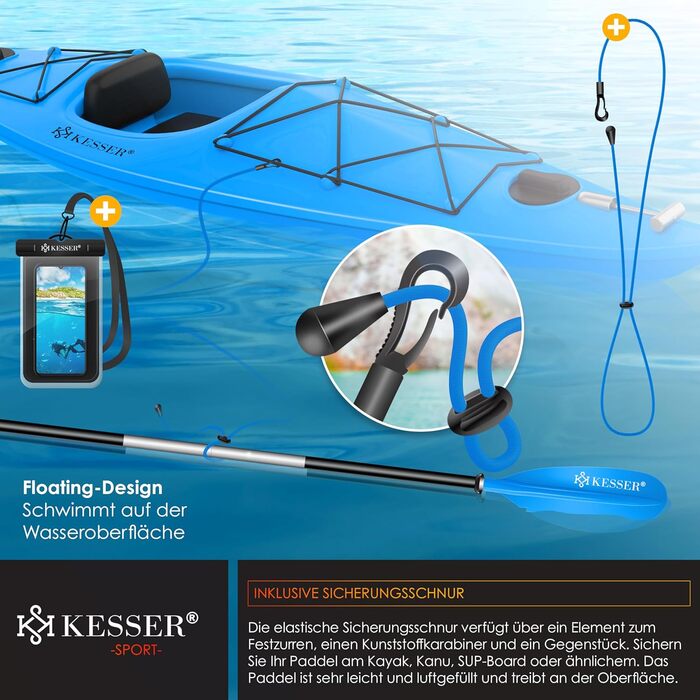 Весло KESSER® Paddle з подвійним лезом - 4 частини для каяка, SUP, стінд-ап паділбордингу, 228 см, алюміній. Включає страхувальну мотузку, чохол для телефону, дошка для серфінгу.