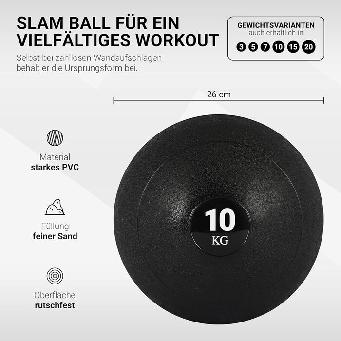 MSPORTS Slam Ball Premium 10 кг — медичний м'яч для кросфіту, тренувань, чорний