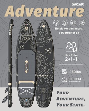 SUP-дошка iTAOSTAR Adventure 365x88/99 см з сидінням, надувний сапборд для підлітків/дорослих, 5 плавників, чорний