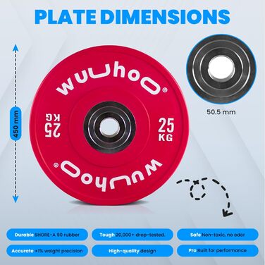 wuuhoo® Pro Competition Bumper Plates Zane – Преміальні олімпійські бамперні диски 50 мм для професійних тренувань, вулканізована сталева втулка