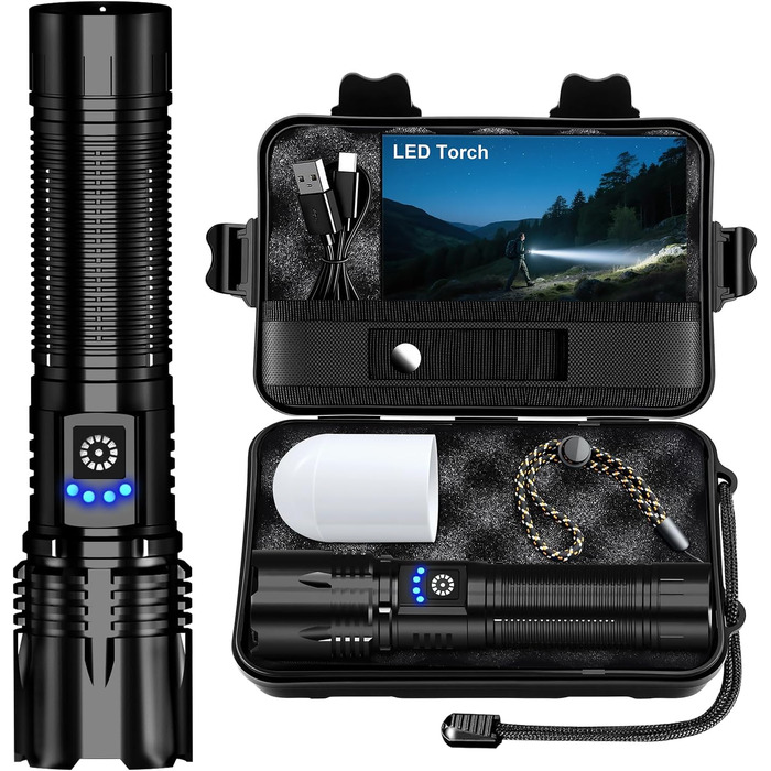 Тактичний ліхтарик LED 50000 люмен, USB-C, 24 години роботи, Zoom, 5 режимів, IP67, водонепроникний, для кемпінгу та туризму, чорний