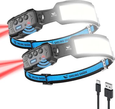 Налобний ліхтар Smiling Shark, 2 шт. LED, 270° освітлення, датчик руху, червоний стоп-сигнал, для кемпінгу, риболовлі, ремонту