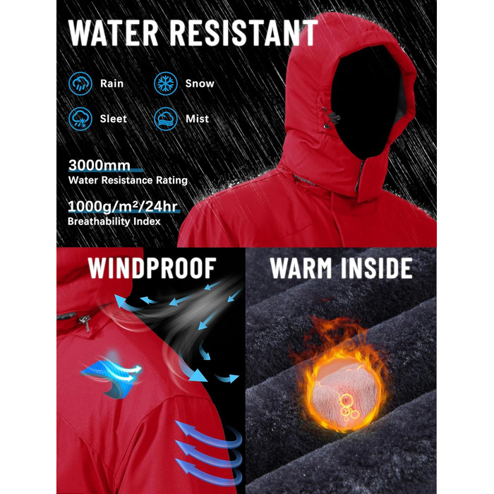 TACVASEN Зимова куртка для чоловіків, водонепроникна, тепла, флісова підкладка, софтшелл, дихаюча, функціональна куртка з капюшоном (M, Червоний)