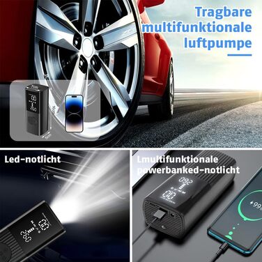 Портативний електричний компресор 8000mAh, 180PSI з манометром, цифровим LED-дисплеєм, USB-зарядкою, LED-ліхтарем для авто, мотоцикла, велосипеда, м'ячів і плавзасобів