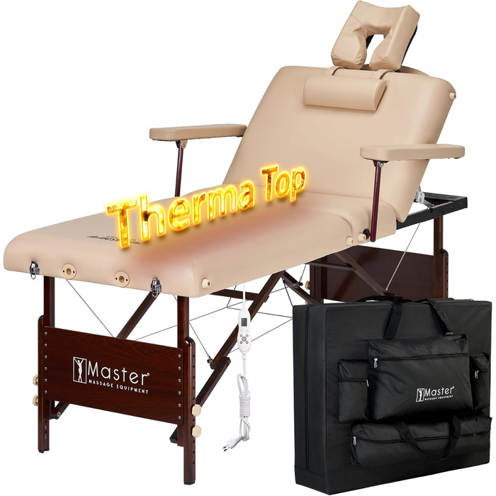 Складний масажний стіл Master Massage з підігрівом, регульована спинка, шкіра/дерево, 71 см, бежевий, для салону та косметології