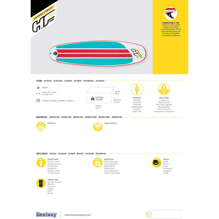 Надувний SUP-борд HYDRO FORCE Compact Surf 8' x 22'' x 3'' для Stand-Up Paddling, Multicolor