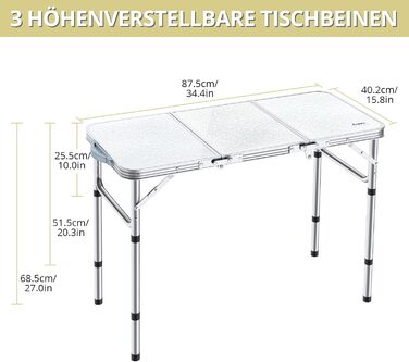 Складний туристичний столик Anbte 88x40 см, алюміній, 3 положення висоти, з кишенькою для зберігання, для пікніка, кемпінгу, саду (білий)