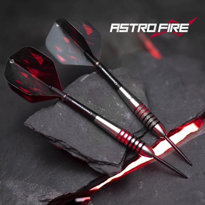 Набір дартсів Darts Corner Astrofire 90% вольфрам, сталеві наконечники, 6 флайтів, 6 шафтів, платіжна карта, кейс для зберігання, кільця